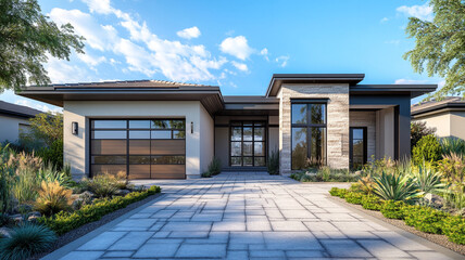 Fototapeta premium Front view of stylish suburban home with open driveway