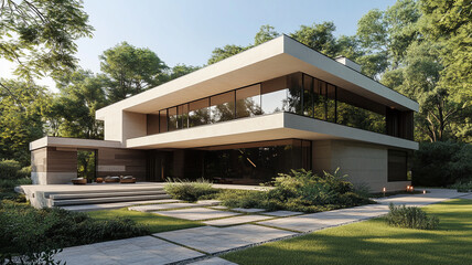 Modern house with minimalist landscaping and large windows