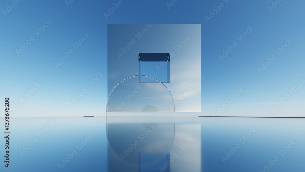 Poster 3d illustration of abstract minimal architecture background, geometric architectural with chrome or 