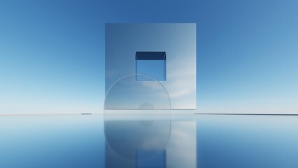 3d illustration of abstract minimal architecture background, geometric architectural with chrome or glass design