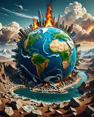 Naklejka premium Earth on Fire Surrounded by Destruction Representing Climate Change and Disaster