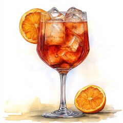 Refreshing aperol spritz cocktail with ice cubes and orange slices: a watercolor illustration