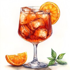 Refreshing aperol spritz cocktail painting with ice cubes and orange slices