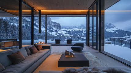Fototapeta premium Modern mountain house with panoramic snowy view and cozy interior