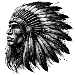 This powerful black and white illustration portrays the stern profile of an Indigenous warrior chief adorned with a magnificent feathered headdress. The chief's face is depicted with strong.