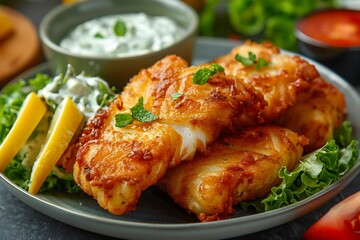 Fried fish spicy battered fish fillets served with mint sauce and crispy salad