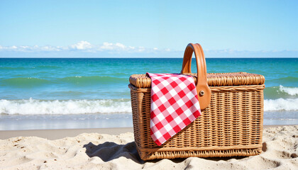 Closed wicker picnic basket with a red checkered cloth on sandy beach by ocean waves