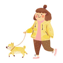 Girl Walking her Dog illustration children's character vector