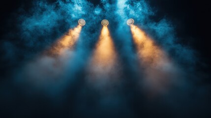 Fototapeta premium Three Stage Spotlights with Smoke Creating a Dramatic Effect on Black Background