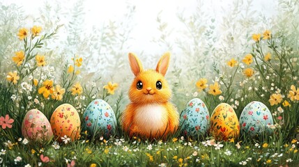 Cheerful Easter bunny nestled in a vibrant field of flowers and colorful eggs. A joyful springtime scene!