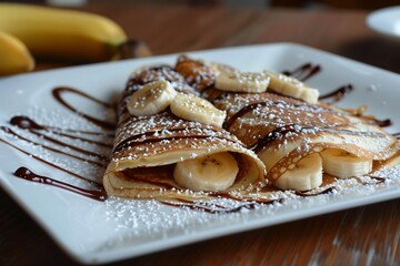 French crepe folded and filled with banana and chocolate, dusted with powdered sugar and served on white