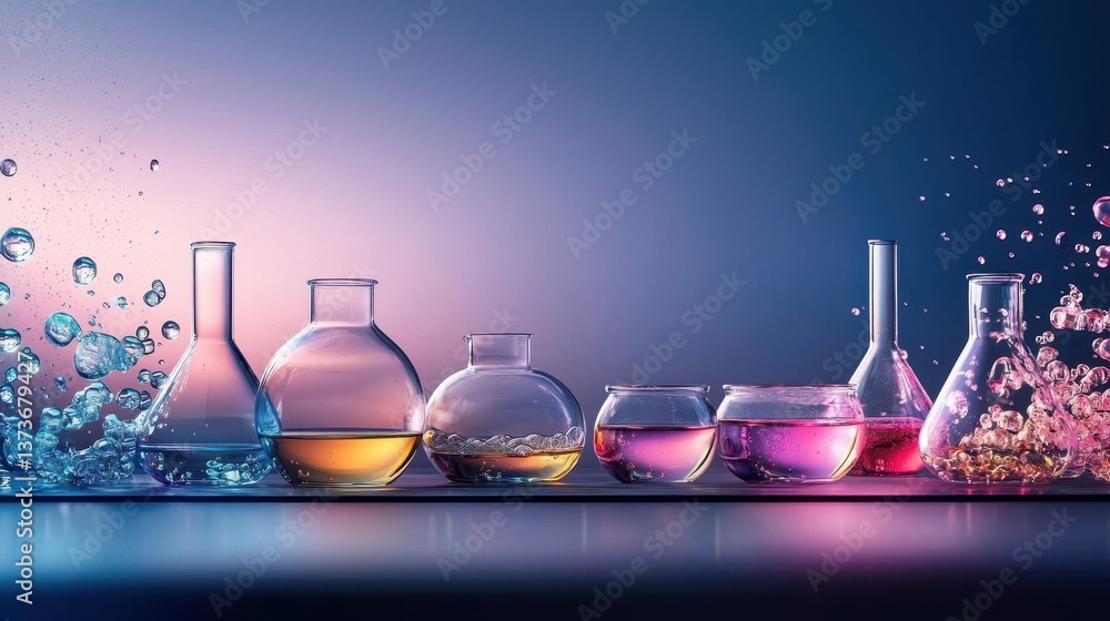Poster clean and minimalist laboratory bench with colorful glassware and splashes of liquid in a science se