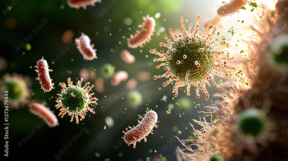 Poster close-up view of probiotic organisms in the gut ecosystem under microscopy with detailed structure a