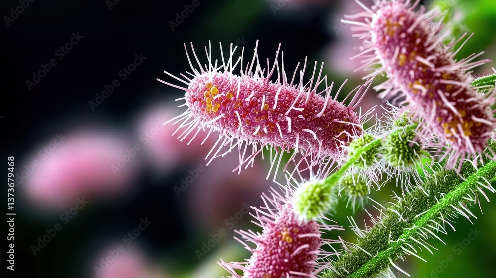 Poster close-up of a probiotic ecosystem in the gut featuring microscopic bacteria with unique structures