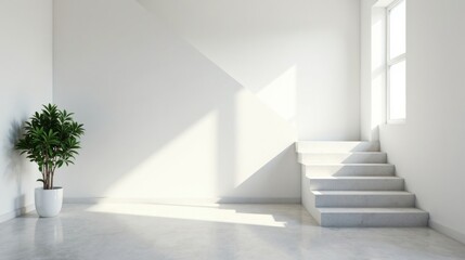 Obraz premium Modern Minimalist Interior Design Sunlight Illuminates a Bright Room with Concrete Stairs and a Potted Plant