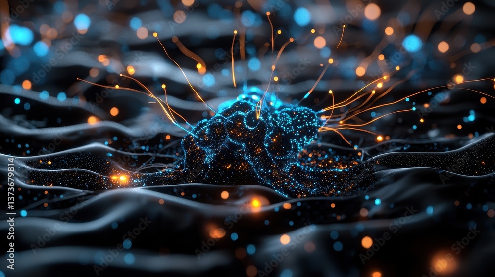 Poster detailed render of neurons firing with vibrant lights and patterns in a microbiology context