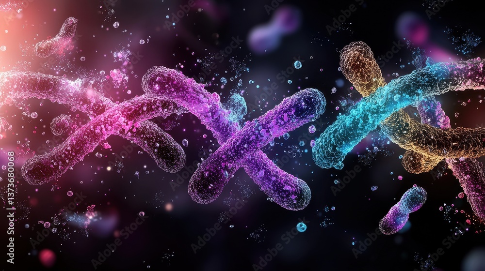 Poster futuristic representation of chromosomes in cellular environment with vibrant colors and dynamic par