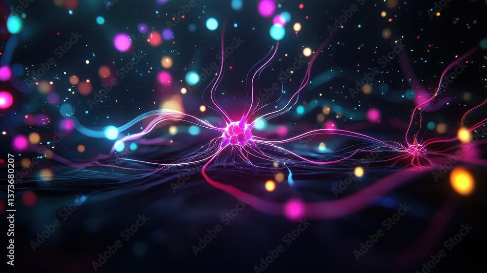 Poster futuristic visualization of nervous system with colorful particles and dynamic connections