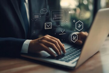 Businessman Typing on Laptop with Data Icons Overlay Business Concept