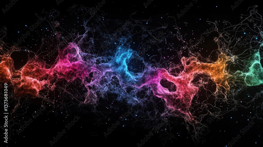 Poster luminous representation of interconnected neurons with vibrant colors in abstract form on a dark bac