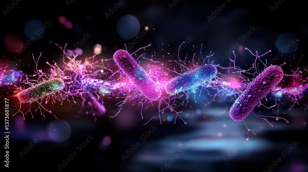 Poster vibrant visualization of gut bacteria displaying microbiological interactions in dynamic colorful re