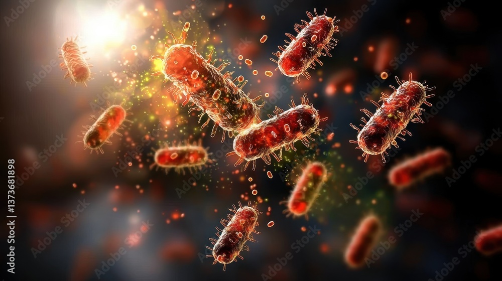 Poster vibrant visualization of microbiological gut bacteria in dynamic motion with dazzling colors and lig