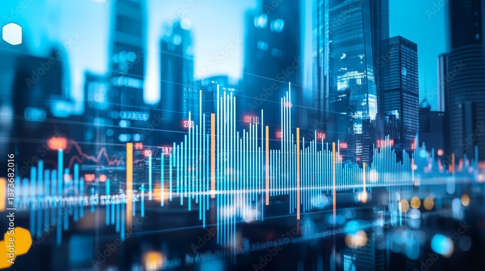 Poster cityscape with data graphs symbolizes machine learning in business intelligence.