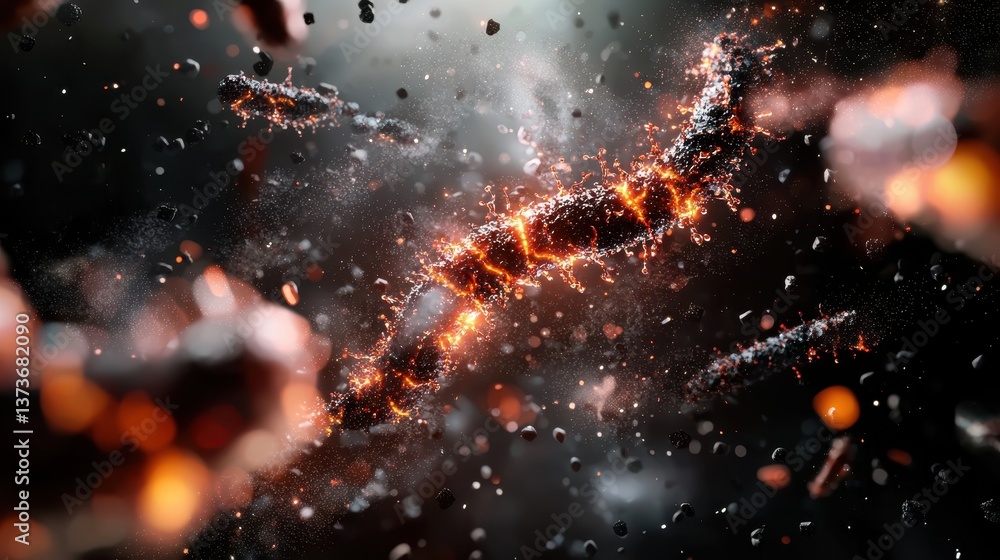 Poster realistic microscopic view of chromosomes suspended in a dynamic cosmic environment with vibrant col