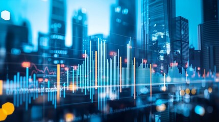 Cityscape with data graphs symbolizes machine learning in business intelligence.