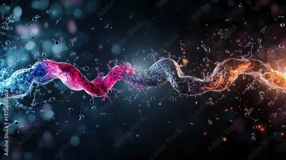 Poster detailed scientific view of chromosome splitting with vivid colors and molecular elements in gigapix