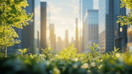 Lush greenery with a modern business district skyline, ideal for copy space.