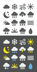 Climate change icon set. Weather Icons Vector Set: Sun, Cloud, Rain, Snow, Thunderstorm, Lightning, Wind, Fog, Tornado, Hurricane, Storm, Temperature, Barometer, Wind Chill, Forecast, Clear Sky, Partl