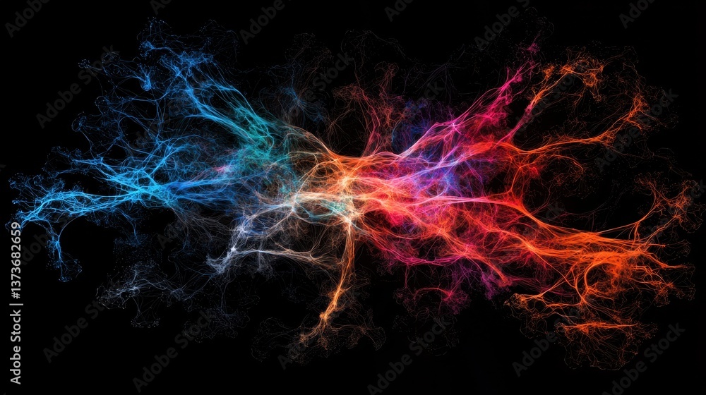Poster glowing neural visualization with sophisticated colors representing complex synaptic connections