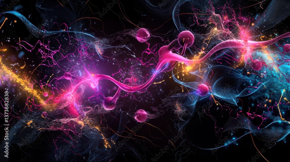 Poster surreal microscopic portrayal of chromosomes entangled in a vivid abstract composition with bright c