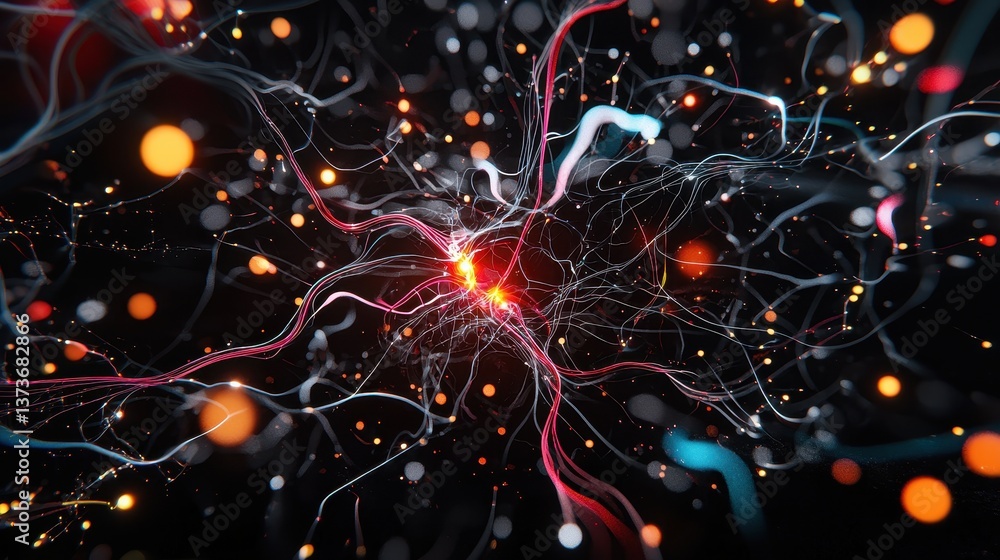 Poster surreal neural network render emphasizing dynamic flow and colorful connections in abstract digital 