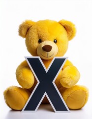 Cute yellow teddy bear with letter X. Baby name reveal after child birth. Stuffed animal isolated on white background