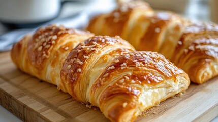 Golden croissants rest on a rustic cutting board, hinting at a delicious morning treat. Warm light and a blurred background create a cozy feel