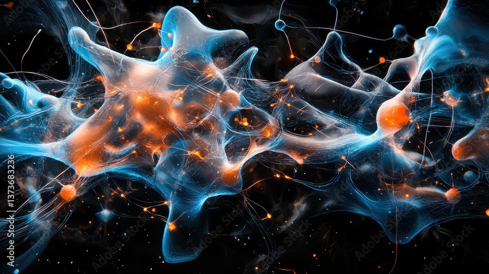 Poster vivid representation of neuron activity with radiant blue and orange elements in abstract form