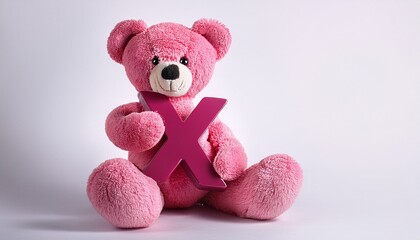 Cute pink teddy bear with letter X. Baby name reveal after child birth. Stuffed animal isolated on white background