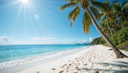 Tropical beach with palm trees, turquoise water, and soft sand on a sunny day