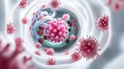 Vivid Microscopic Portrayal of Probiotics Interacting in a Biological Environment with Vibrant Colors and Detail