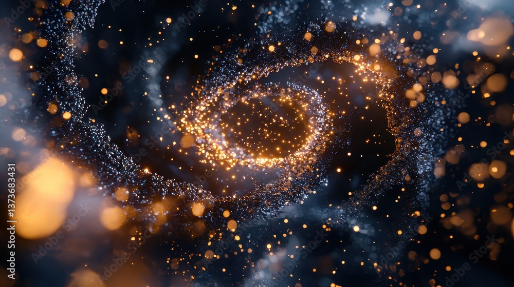 Poster artistic microscopic scene of coiled chromosomes in a vibrant abstract background with glowing parti