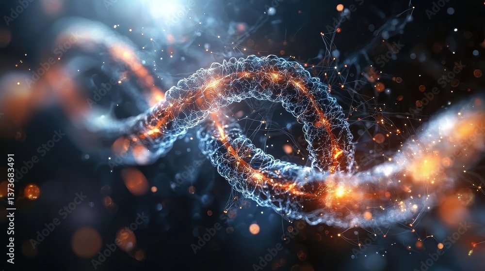 Poster artistic microscopic scene of coiled chromosomes with abstract lights and patterns captured in high 