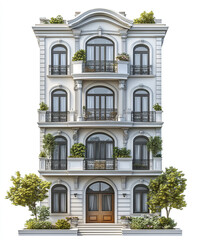 Fototapeta premium Elegant condominium with classic architecture and greenery accents