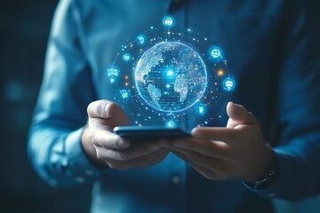 Caucasian Male Holds Smartphone with Digital Global Network Overlay in Blue Tone