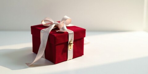 A crimson velvet gift box adorned with a delicate champagne ribbon, ready for a special occasion.