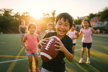Obraz premium Happy Asian child playing American football with friends during sunset on a sports field, joyful moments of childhood, sports activity concept