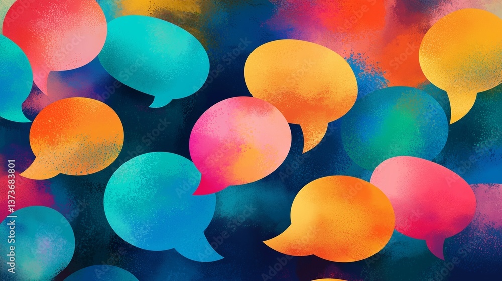 Poster colorful speech bubbles symbolize dynamic feedback and communication.