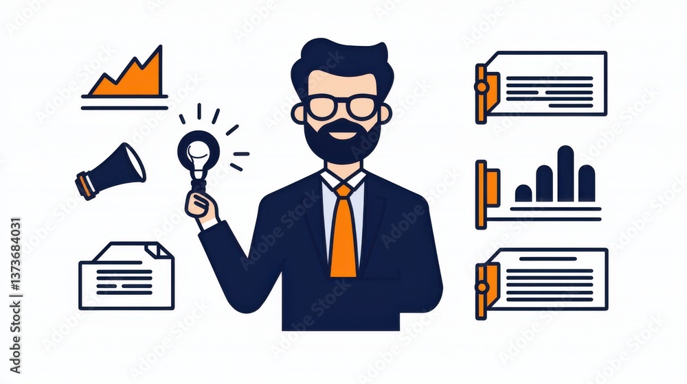 Poster confident and focused businessman in suit and tie holding a light bulb idea in front of charts graph