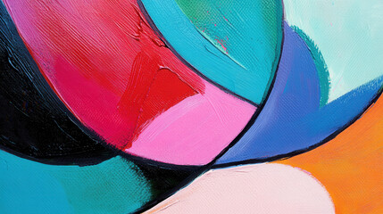 Contemporary abstract artwork, overlapping playful brushstrokes, primary and secondary colors like cherry red